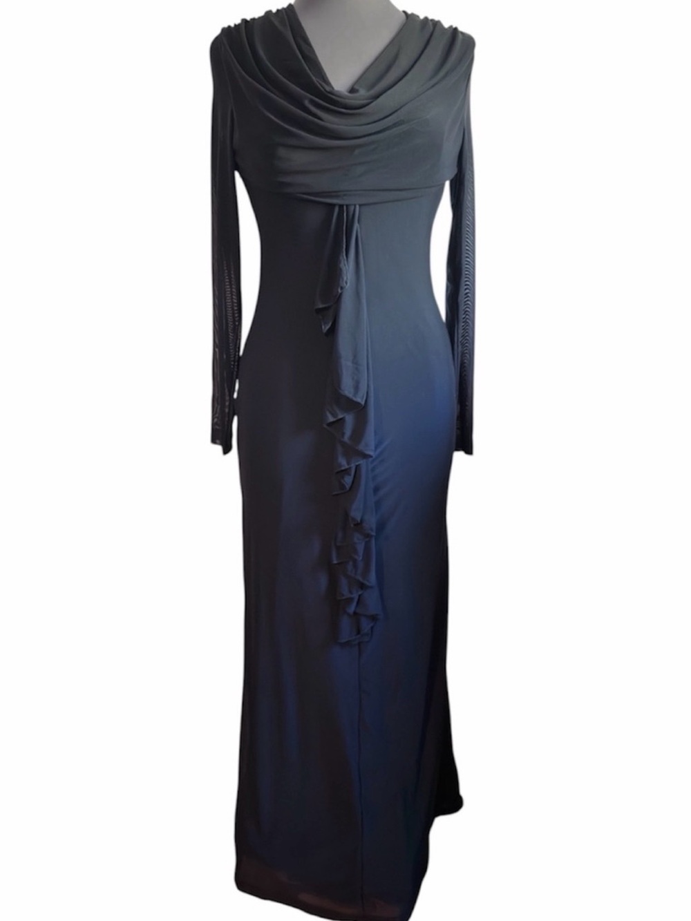 Long Sleeve Maxi Dress V Neck Ruffle Bodycon Mesh Elegant Formal